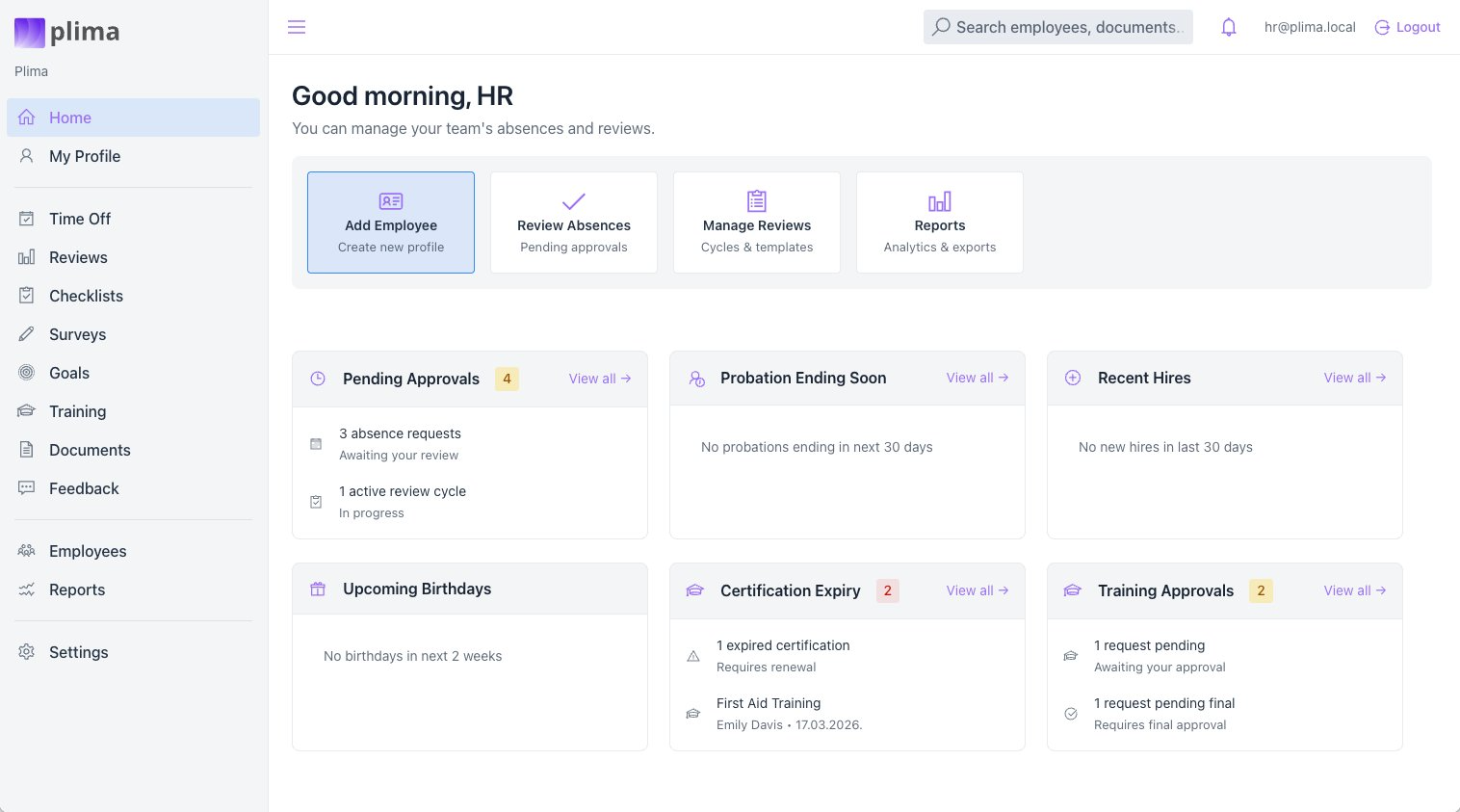 Plima HR dashboard